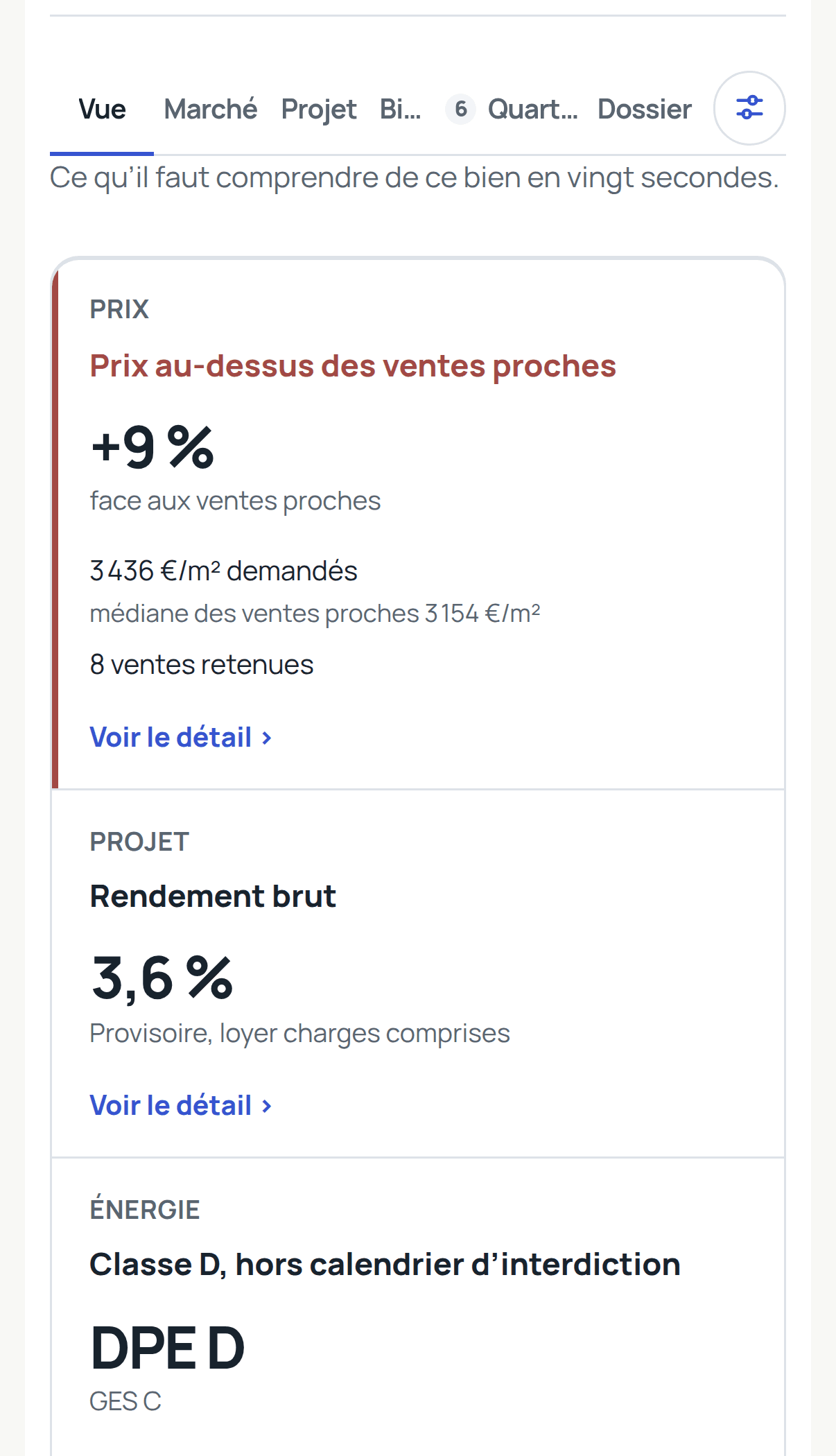Écran Vue d’ensemble : prix au-dessus des ventes proches de 9 %, rendement brut 3,6 %, DPE D.